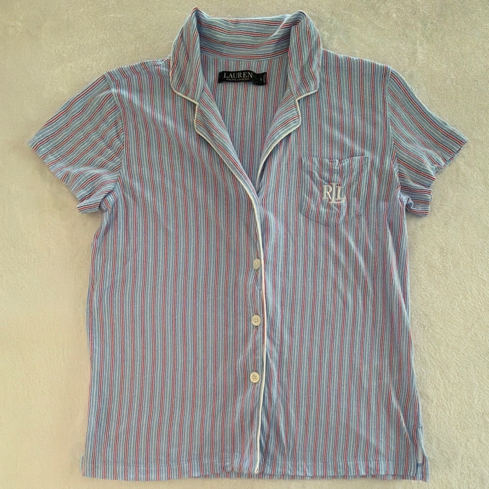 Lauren Ralph Lauren Womens Striped Pajama Top Blue Pink Short Sleeve Small